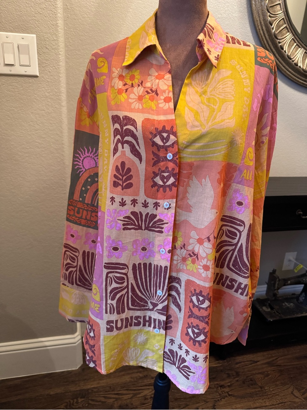 Calypso St Barth NWT Patchwork Print Cotton Button Down XL Sunshine